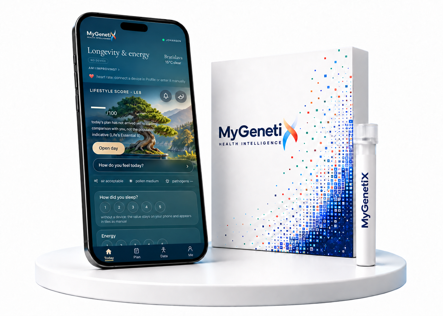 3D visualization of the MyGenetiX app on a phone and the MyGenetiX DNA maX collection kit