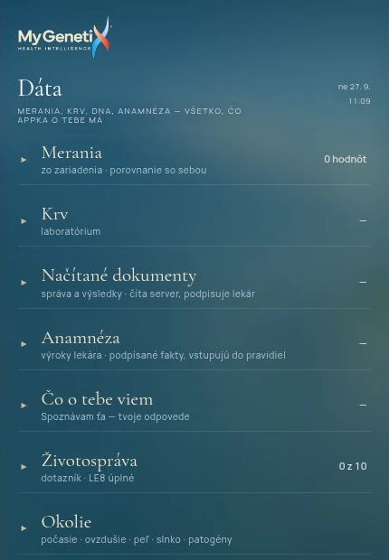Sekcia Dáta v aplikácii MyGenetiX 4.0 s meraniami, krvou a okolím