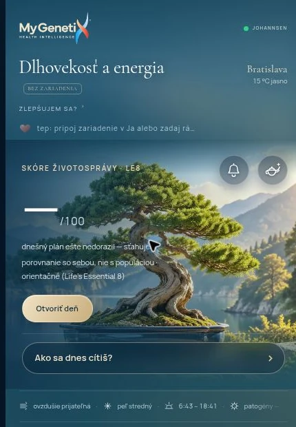Obrazovka Dnes aplikácie MyGenetiX 4.0 s cieľom Dlhovekosť a energia a motívom bonsaja